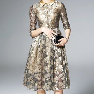 Kaimilan Vintage Y2K Champagne Sheer Lace Floral A-Line Midi Dress
